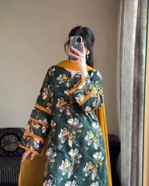 Floral Printed Cotton Readymade Three Piece Suit