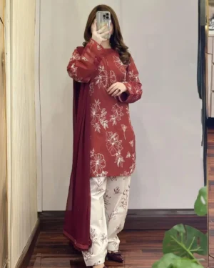 Screen Printed Cotton Readymade Three Piece Suit Neck Lace Detail